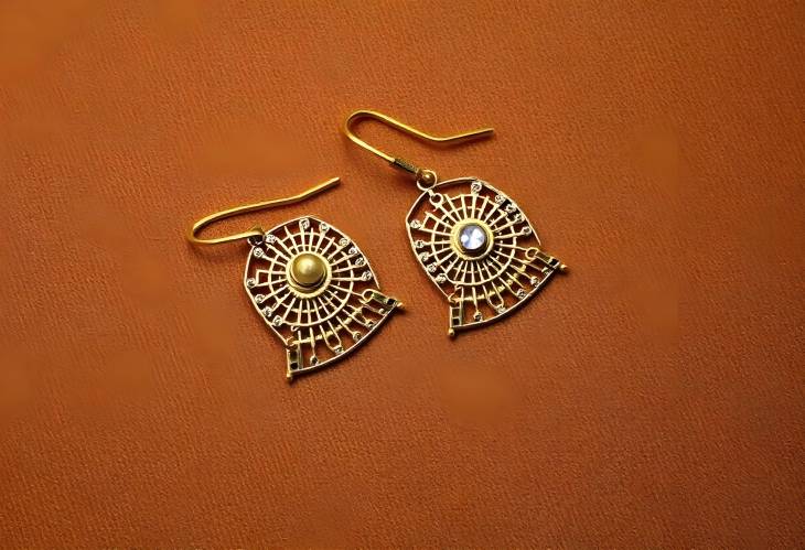 Beautiful Golden Earrings on Brown Background